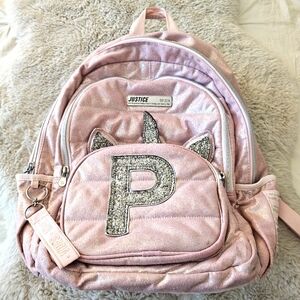 Justice pink unicorn glitter letter J backpack